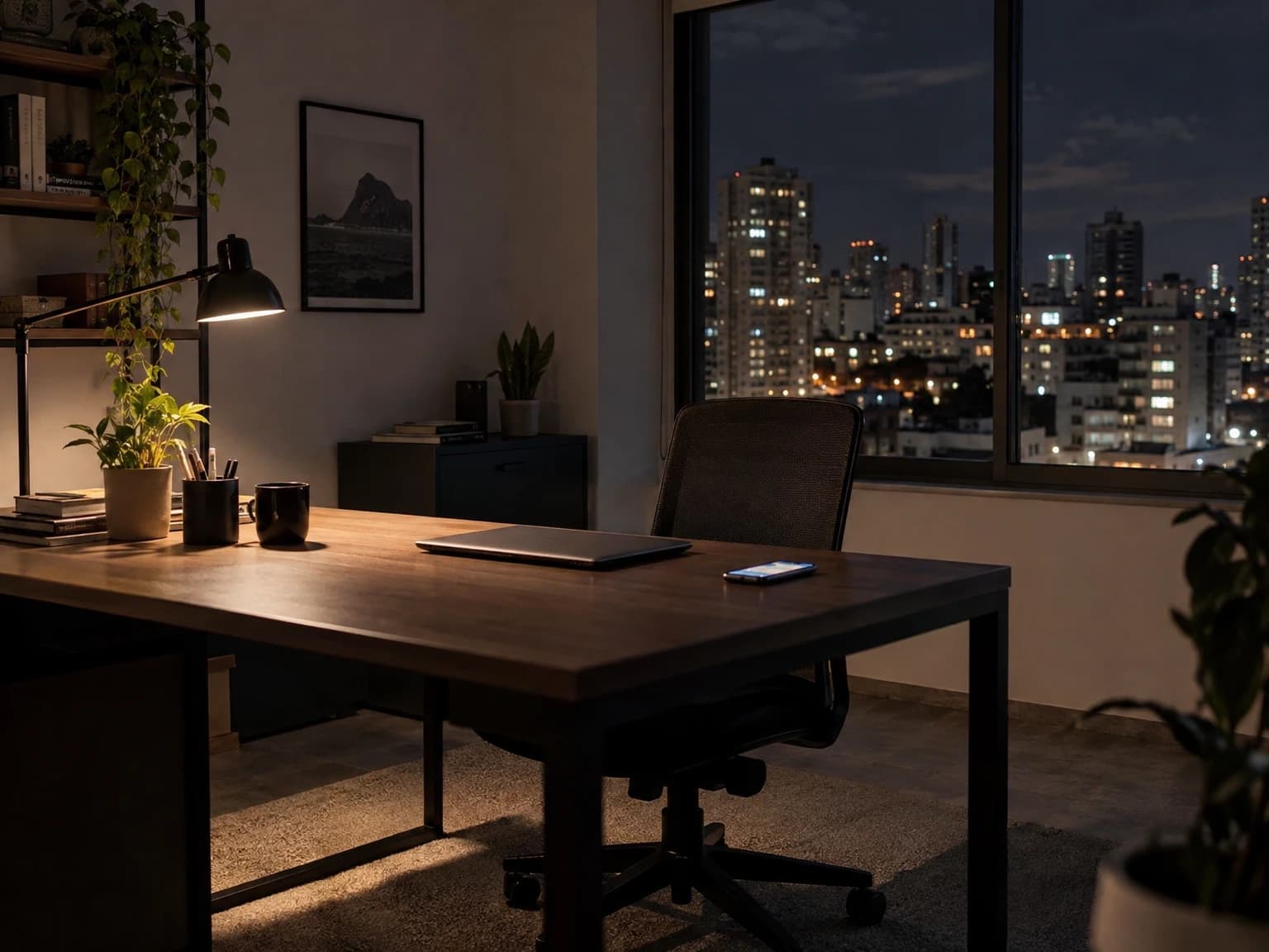 Escritório vazio à noite com um celular acendendo uma notificação sobre a mesa
