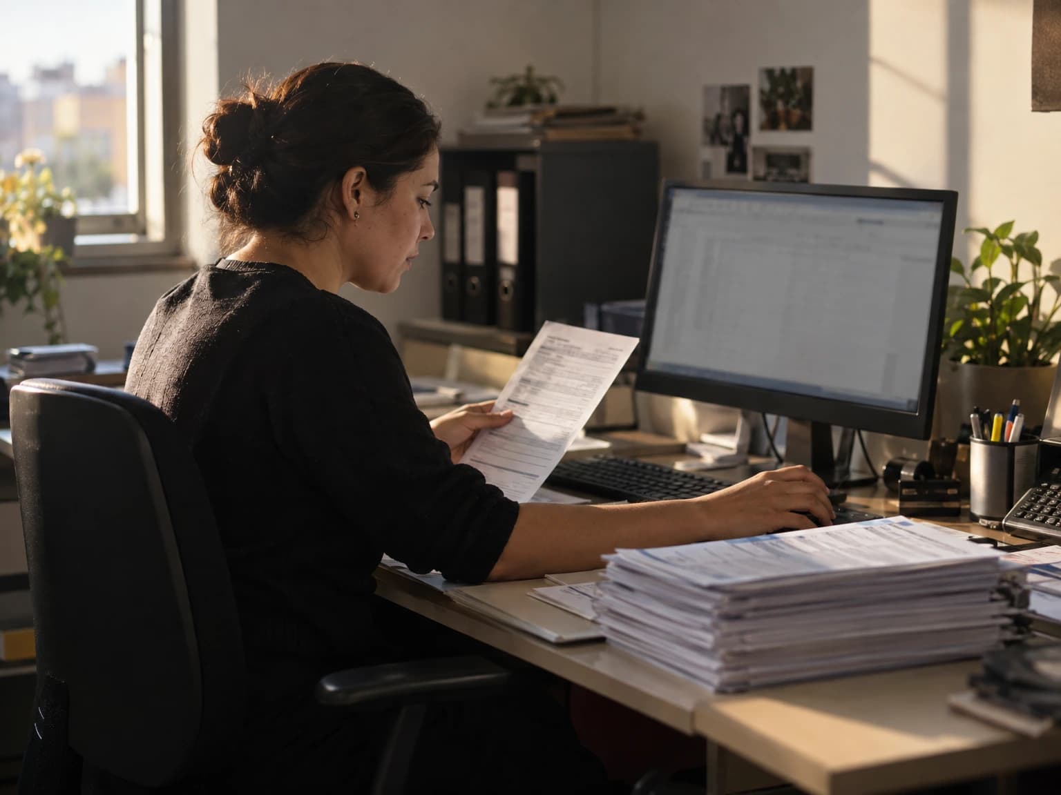 Assistente administrativa copiando dados de formulários impressos para uma planilha no computador