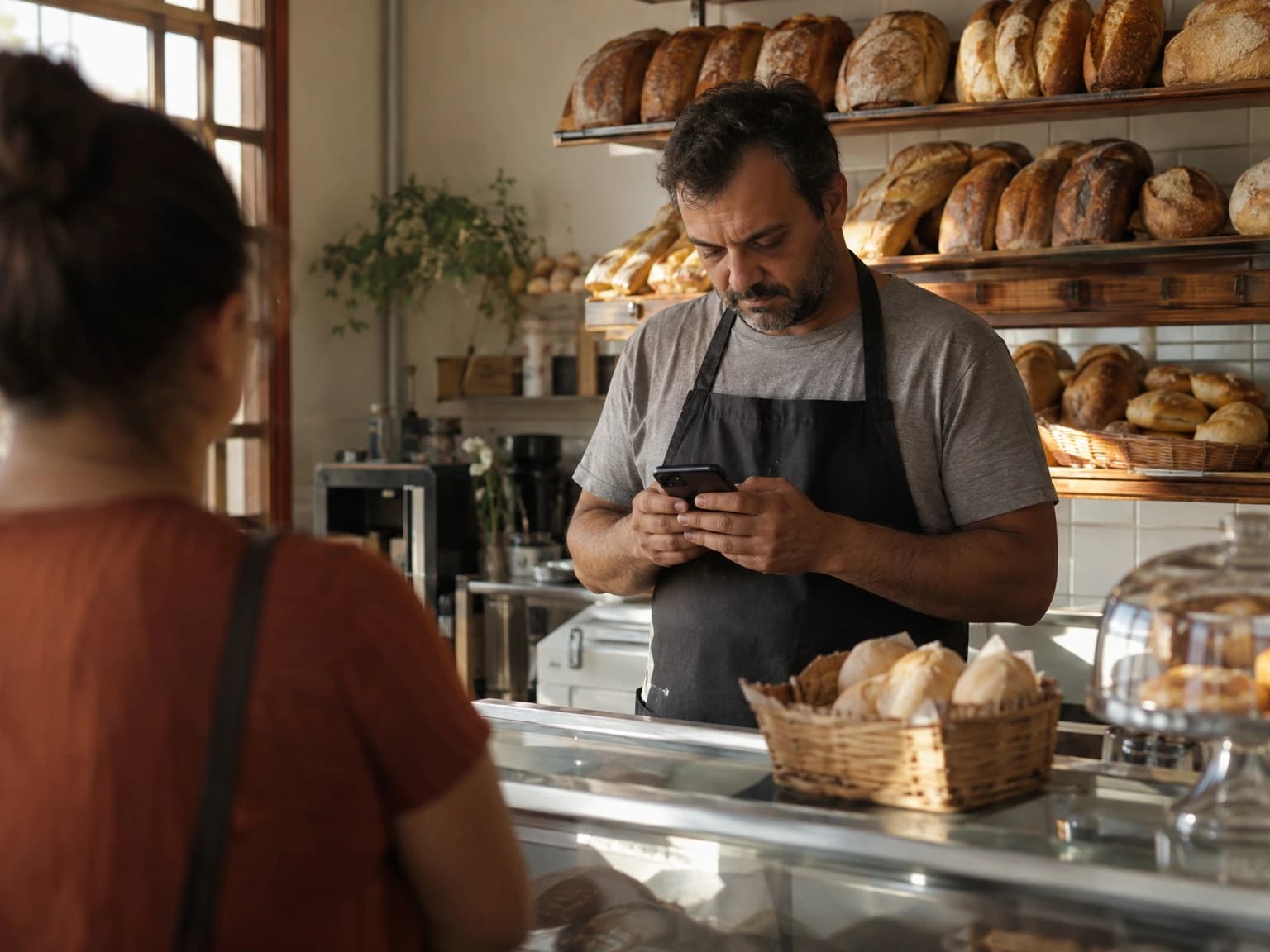 Dono de padaria respondendo mensagens no celular atrás do balcão enquanto uma cliente espera